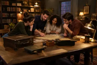 Quatre adultes coopèrent dans une salle d’escape game chaleureuse en examinant des indices autour d’une table.