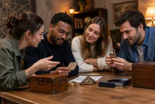 Quatre adultes collaborent autour d’indices et d’un cadenas dans une salle d’escape game réaliste.